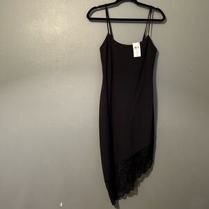 NWT Next/Up Sz 9/10 Women’s Black Midi Asymmetrical Lace LBD Stretch Strap Dress